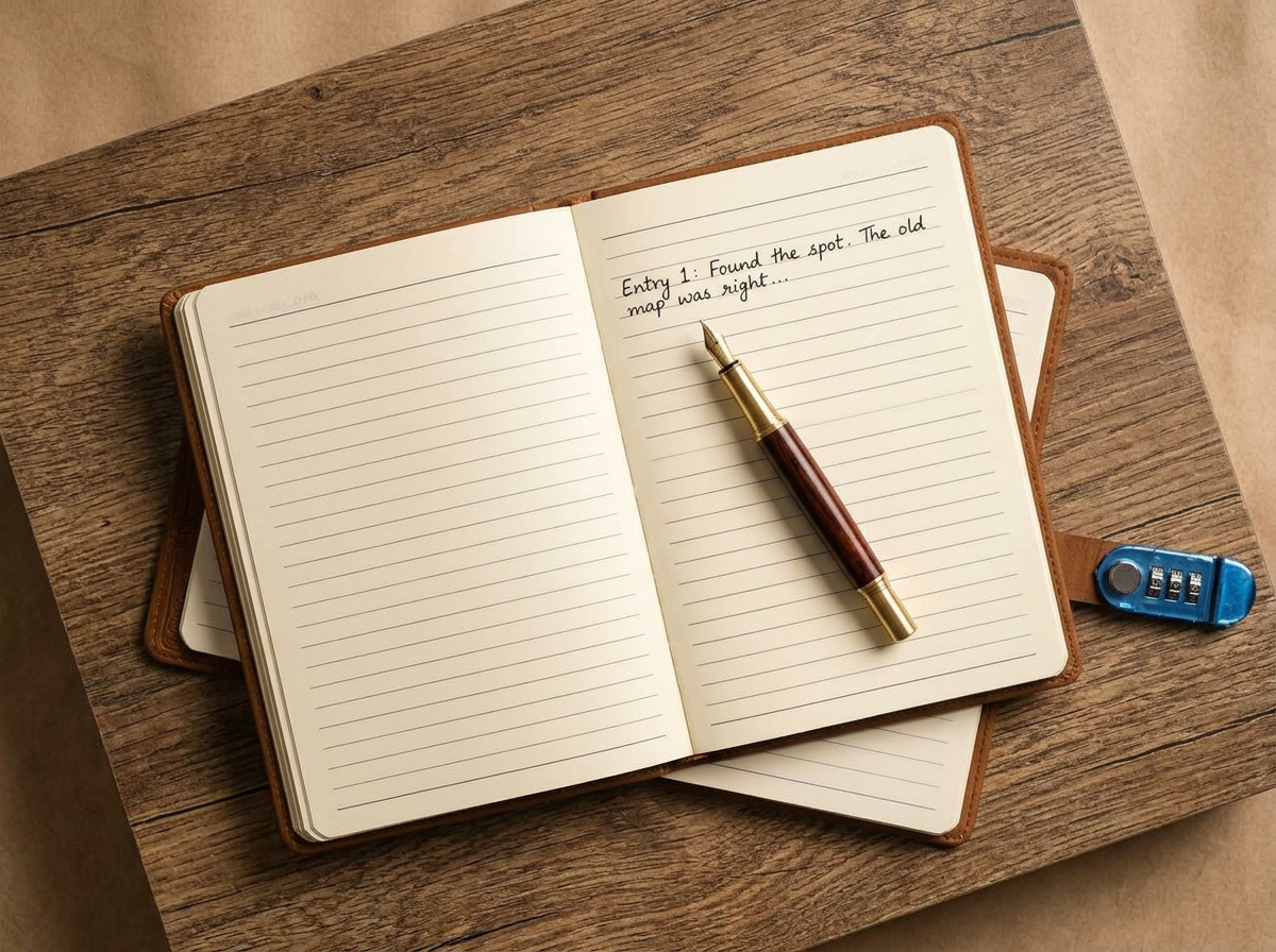 Mindora Compass Journal lying open with a fountain pen on its lined pages