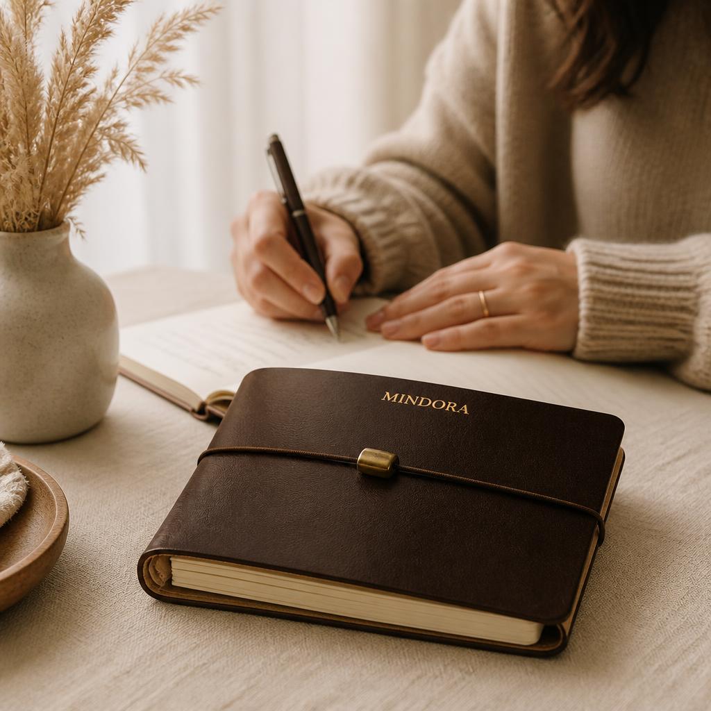 Person writing in the Mindora Espresso Traveler at a sunlit table