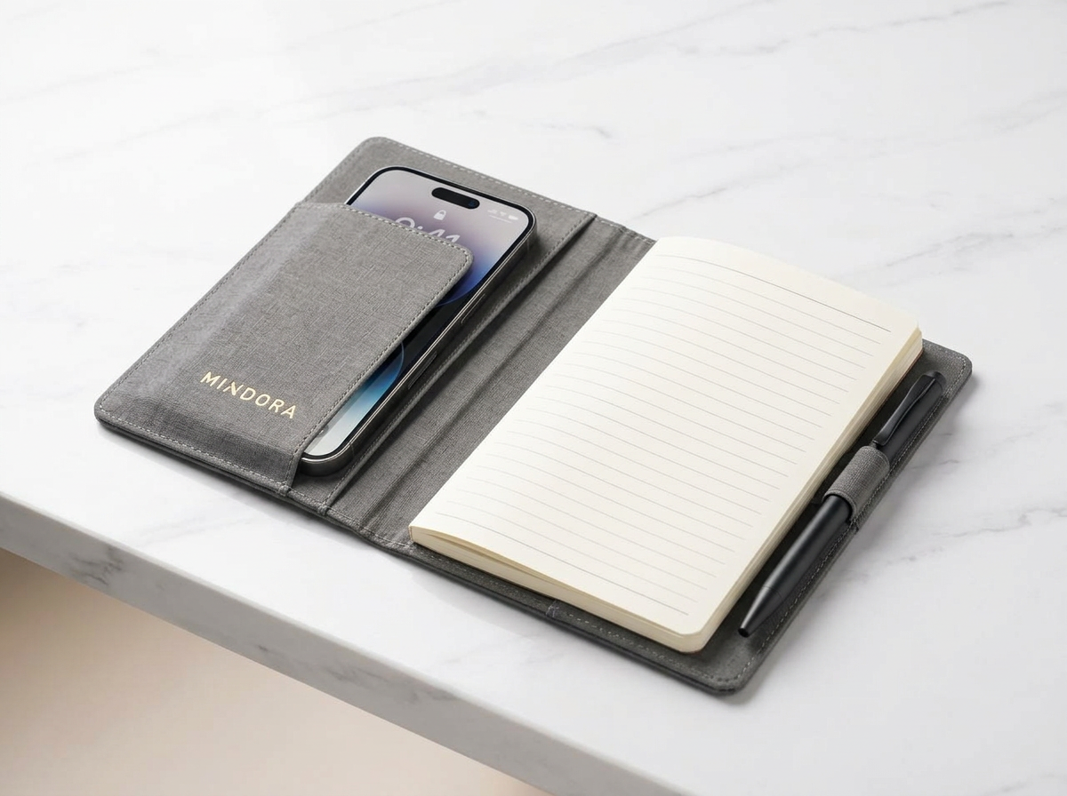 Mindora Phone Pocket Organizer open on marble with phone in slot and pen in loop