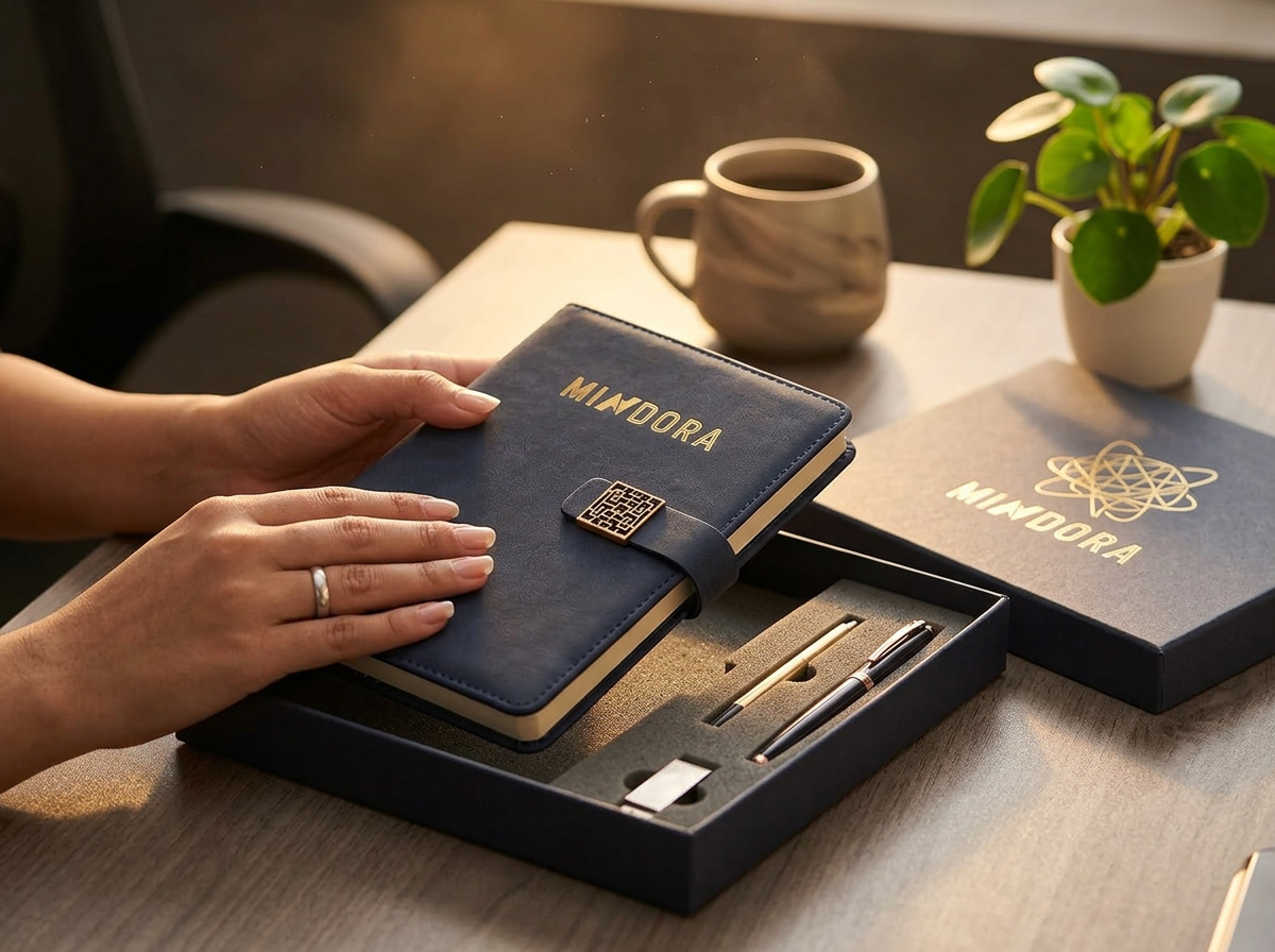 Hands lifting the notebook out of the Mindora Executive Gift Box