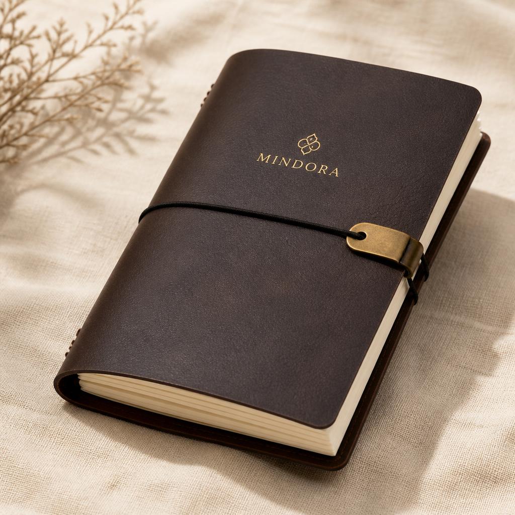 Mindora Espresso Traveler at a 3/4 angle on warm linen with dried grass