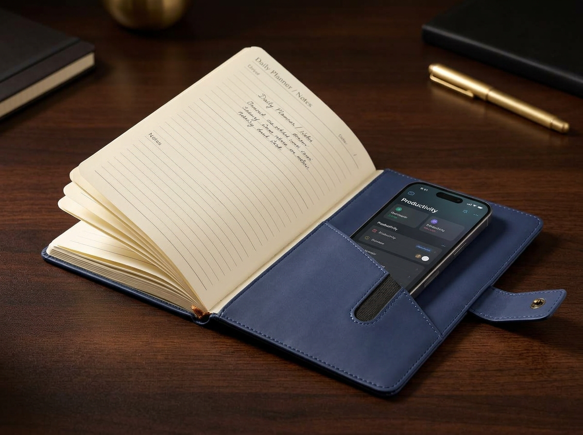 Navy Phone Holder notebook open with phone propped in its built-in holder