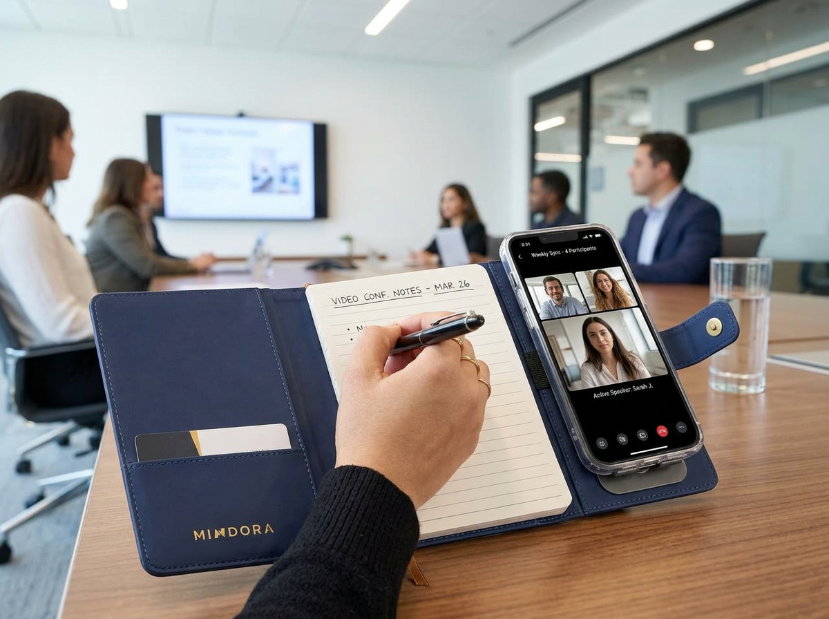 Navy Phone Holder being used in a conference room during a video call