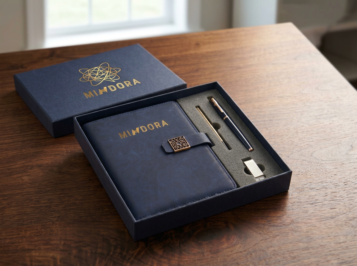 Mindora Executive Gift Box open at an angle on a wooden desk