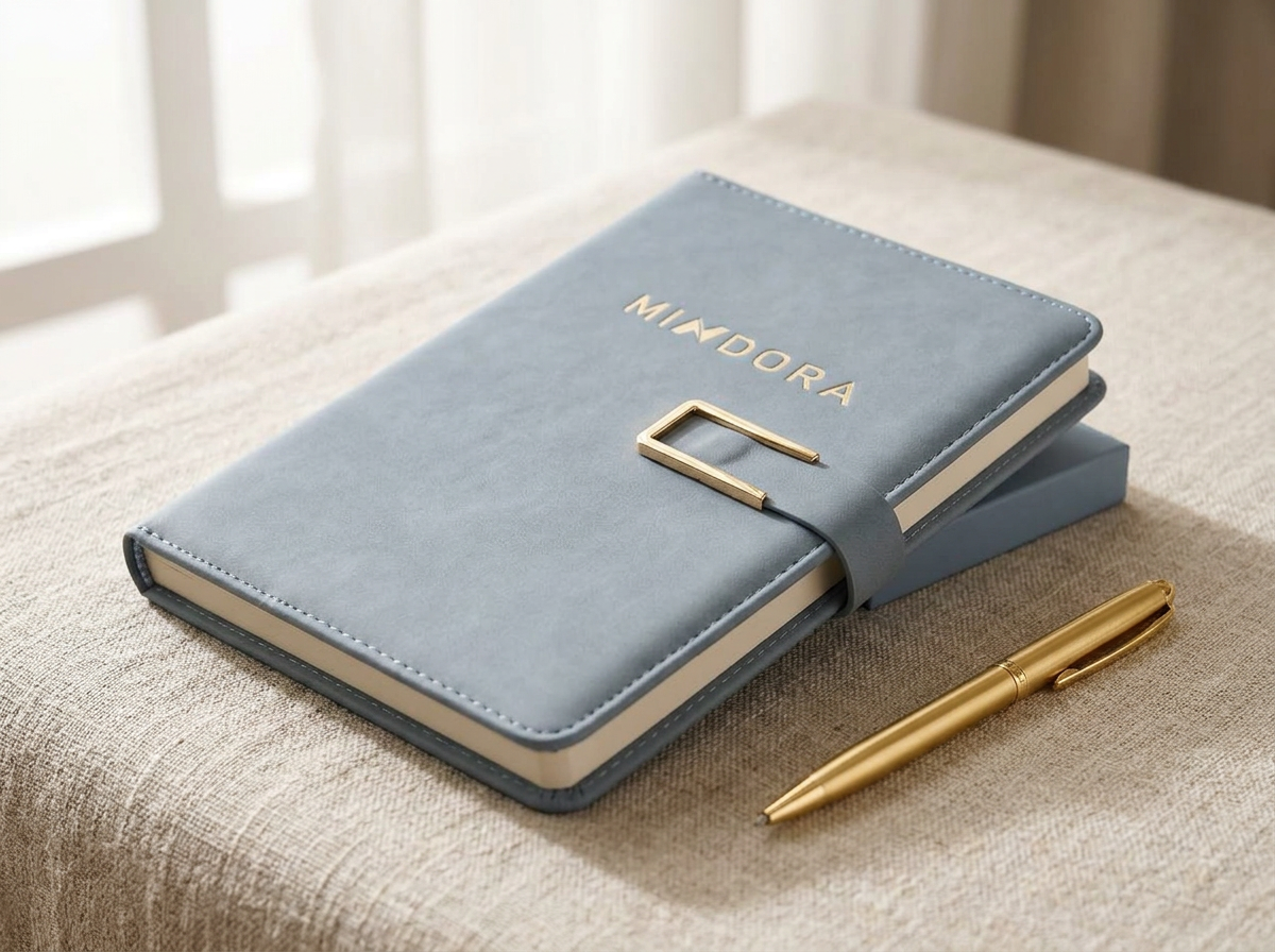 Slate Classic notebook at an angle with gold buckle and gold pen on linen