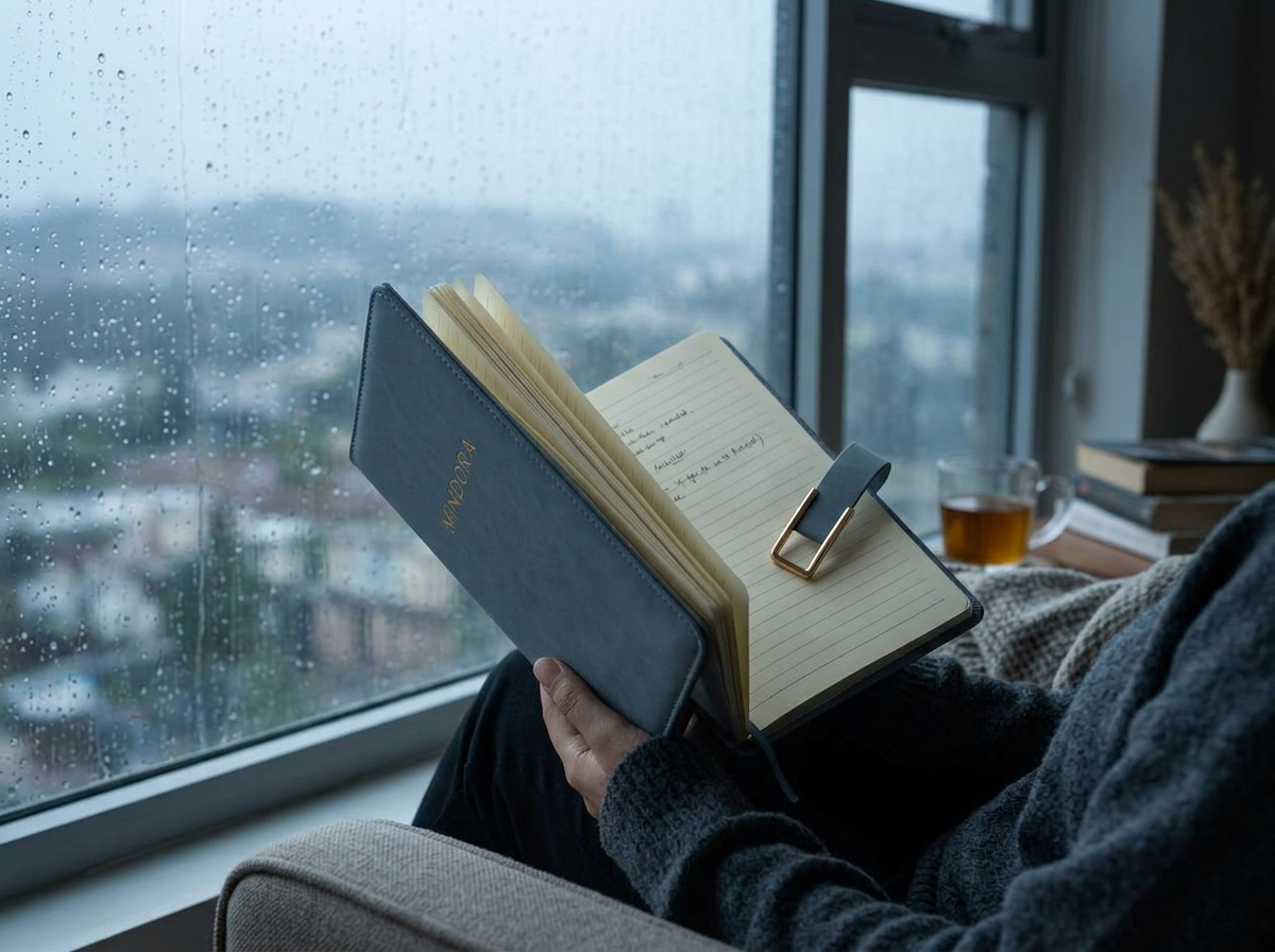 Slate Classic held open in a lap by a rainy window