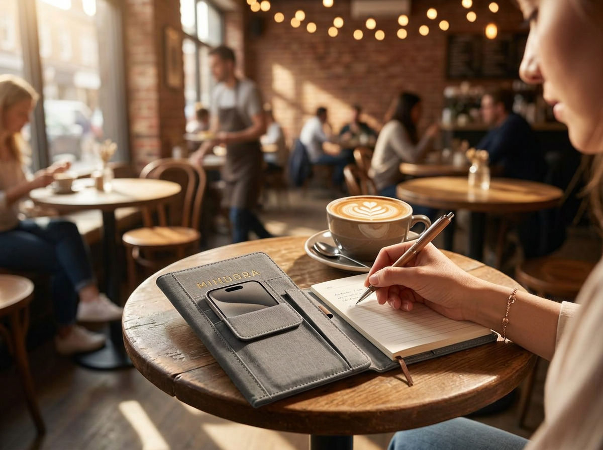 Phone Pocket Organizer being used in a cafe with a latte beside it