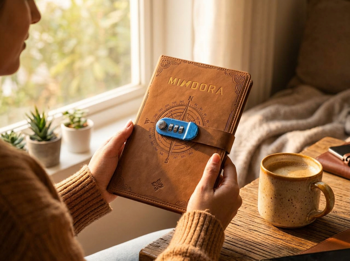 Brown Mindora Compass Journal held by a sunlit window with a coffee mug